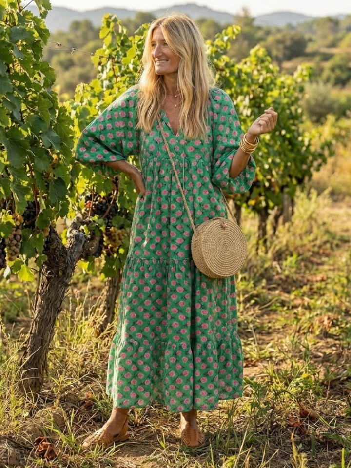 Fiora - Floral Print V-Ausschnitt Schicht Midi Kleid
