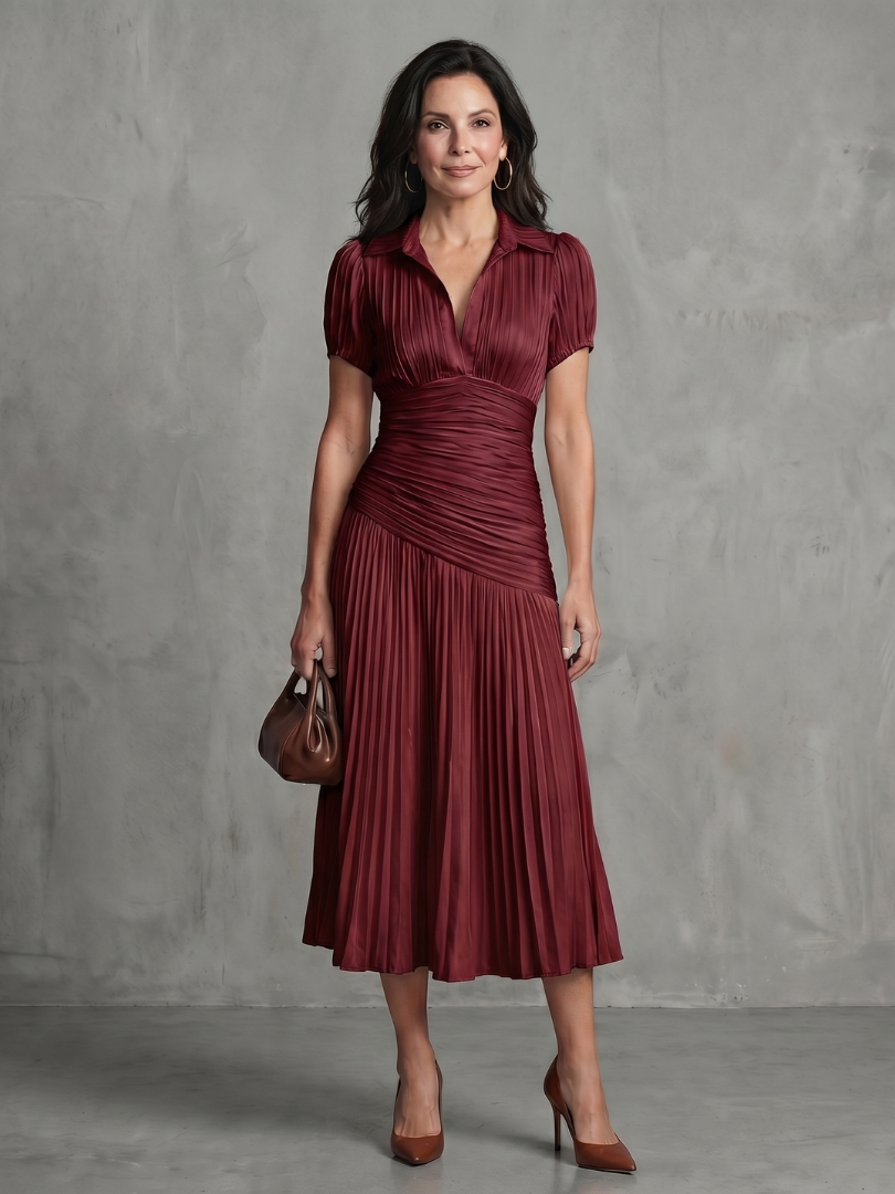 Theodora - Plissierter Taillenstreifen Midi-Kleid
