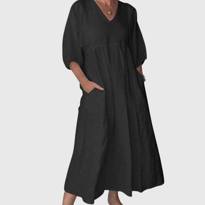 Zandrea - Lockeres Midi-Kleid mit V-Ausschnitt