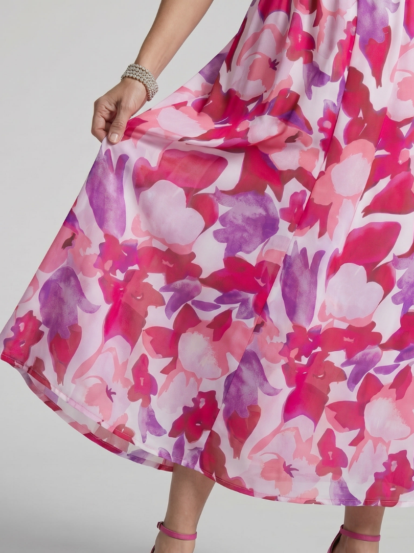 Candlia - Puffärmel V-Ausschnitt Midi Kleid mit abstraktem Druck