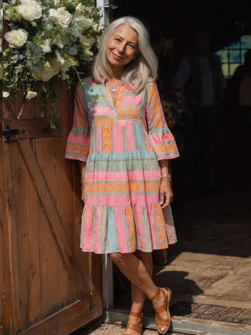 Maelle - Geometrisches Druck V-Ausschnitt Stufen-Kleid in knielang