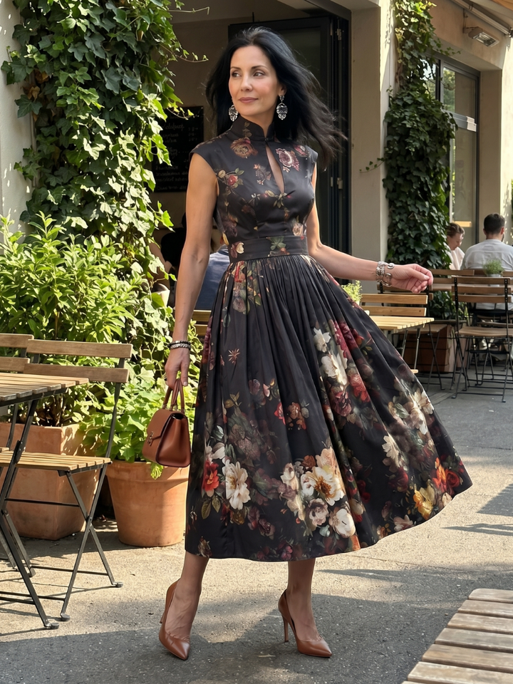 Greta - Hochgeschlossenes Schlüssel-Loch Blumengeplissertes Midi-Kleid