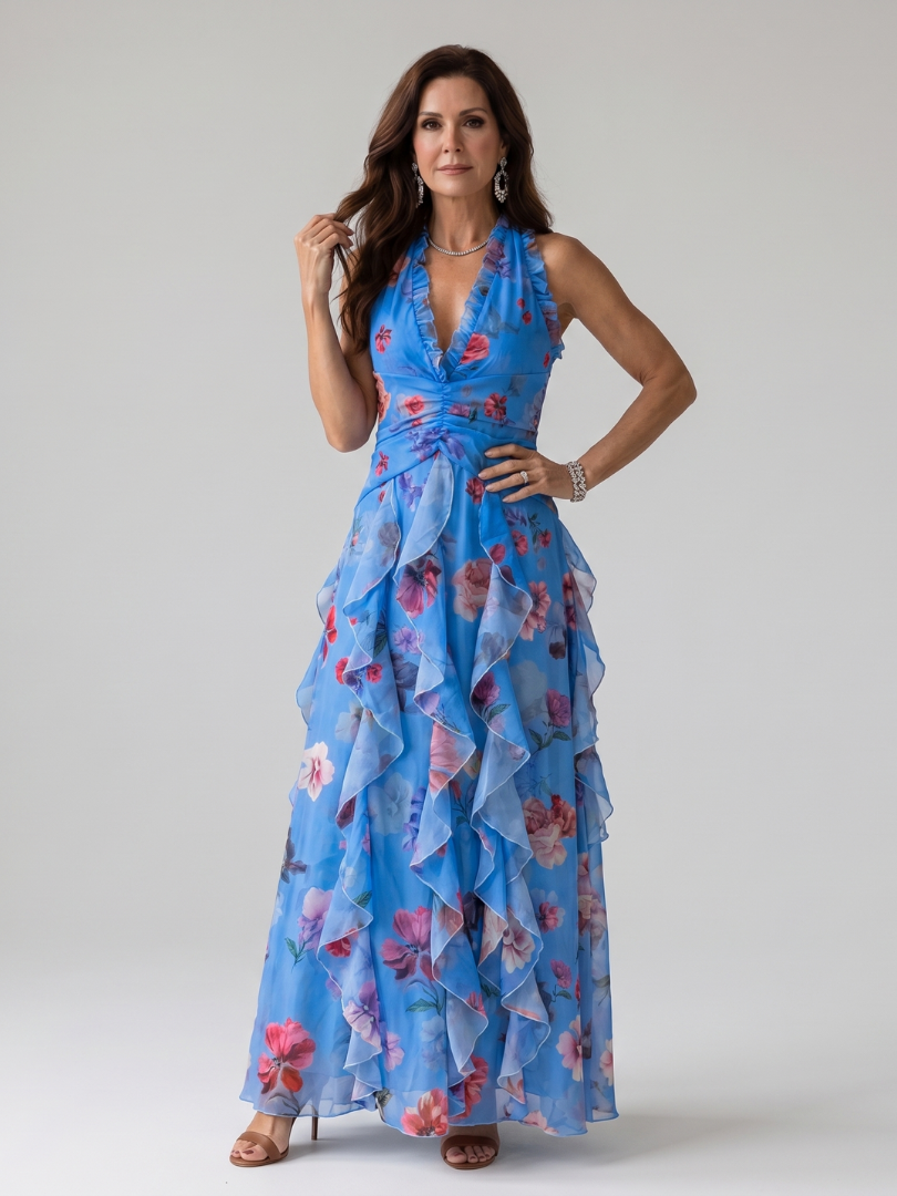 Nori - Halterneck-Rüschentop-Blumen-Maxikleid