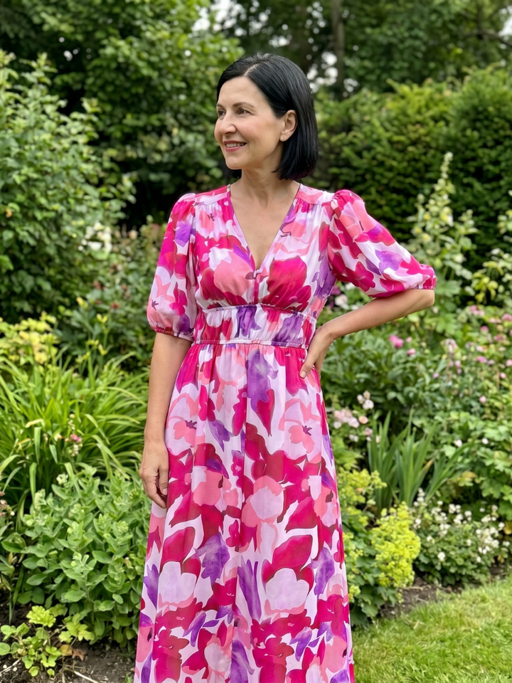 Candlia - Puffärmel V-Ausschnitt Midi Kleid mit abstraktem Druck