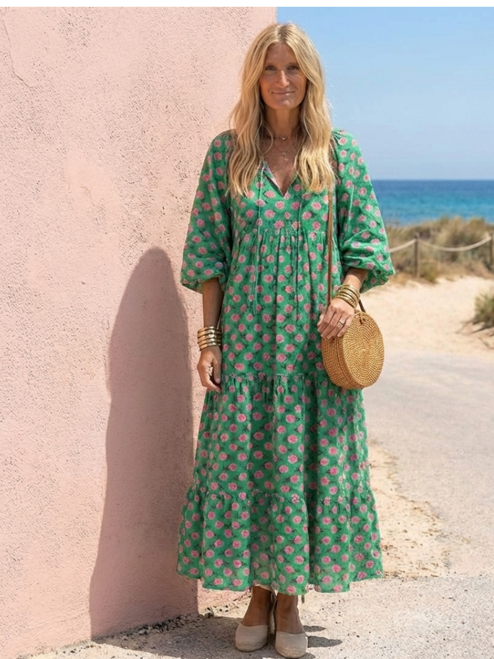 Fiora - Floral Print V-Ausschnitt Schicht Midi Kleid