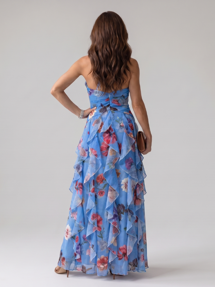 Nori - Halterneck-Rüschentop-Blumen-Maxikleid