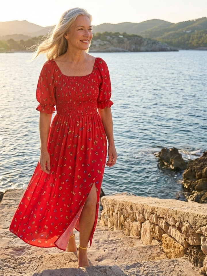 Delphine - Midi-Kleid mit quadratischem Ausschnitt und Blumenmuster