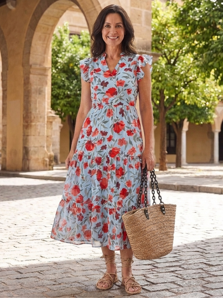 Lila - Floral V-Ausschnitt Schichten Midi Kleid
