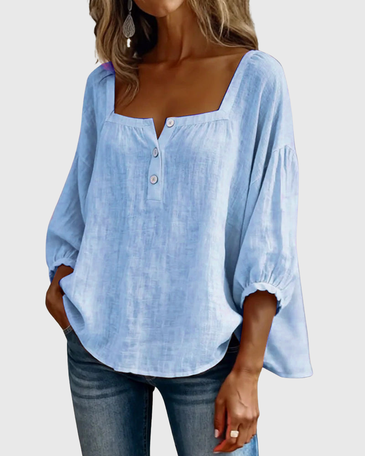 Arianne - Damen Bluse mit quadratischem Ausschnitt und 3/4 Puffärmeln