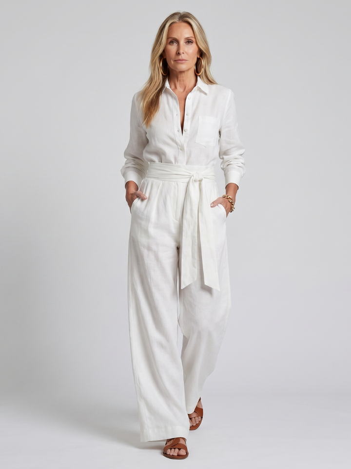 Jovie - Langärmliger Jumpsuit mit Knopfleiste und weitem Bein