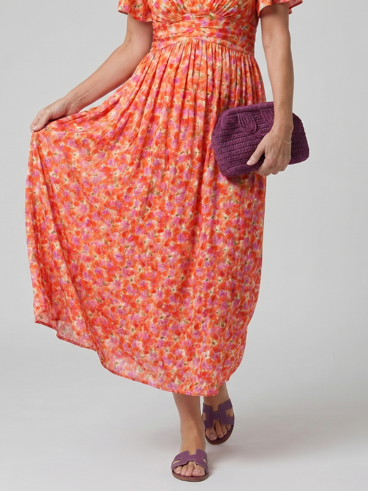Juna - Kurzarm Ditsy Floral Print Midi Kleid