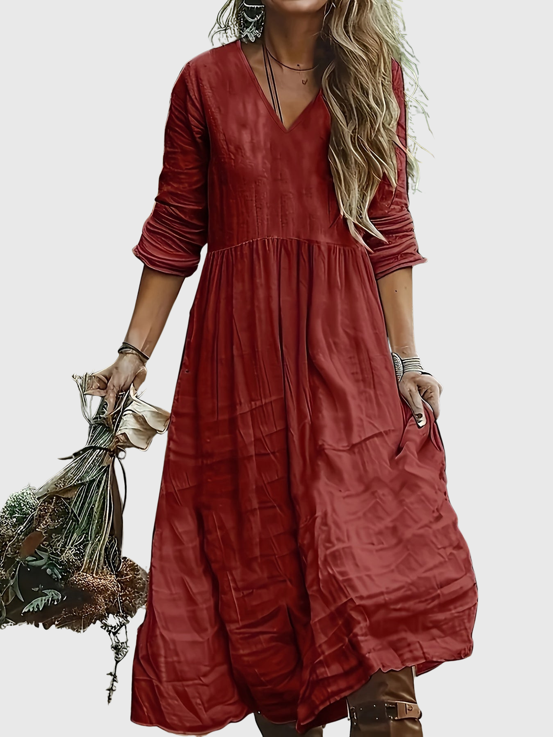 Sharon - Modisches Langarmkleid mit V-Ausschnitt