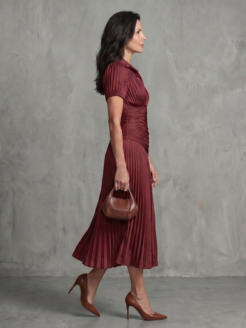 Theodora - Plissierter Taillenstreifen Midi-Kleid