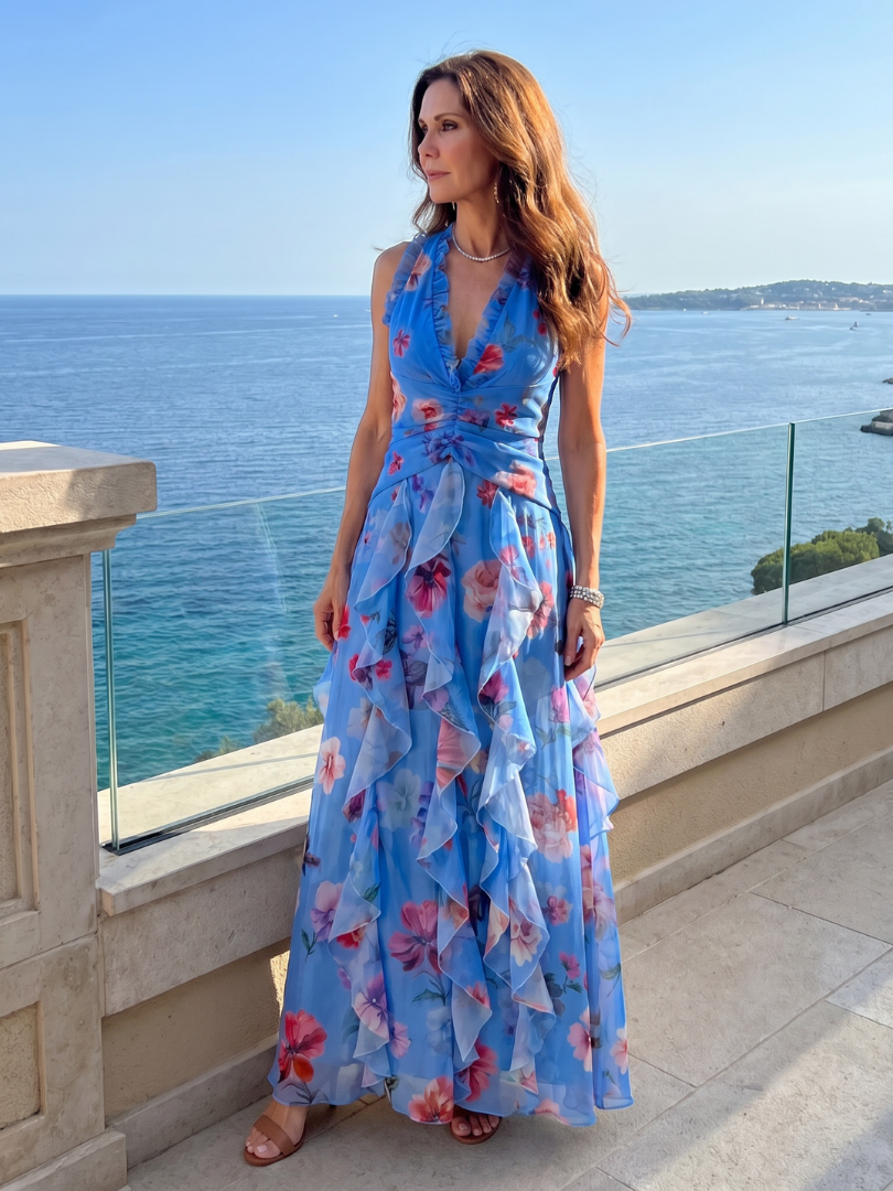 Nori - Halterneck-Rüschentop-Blumen-Maxikleid