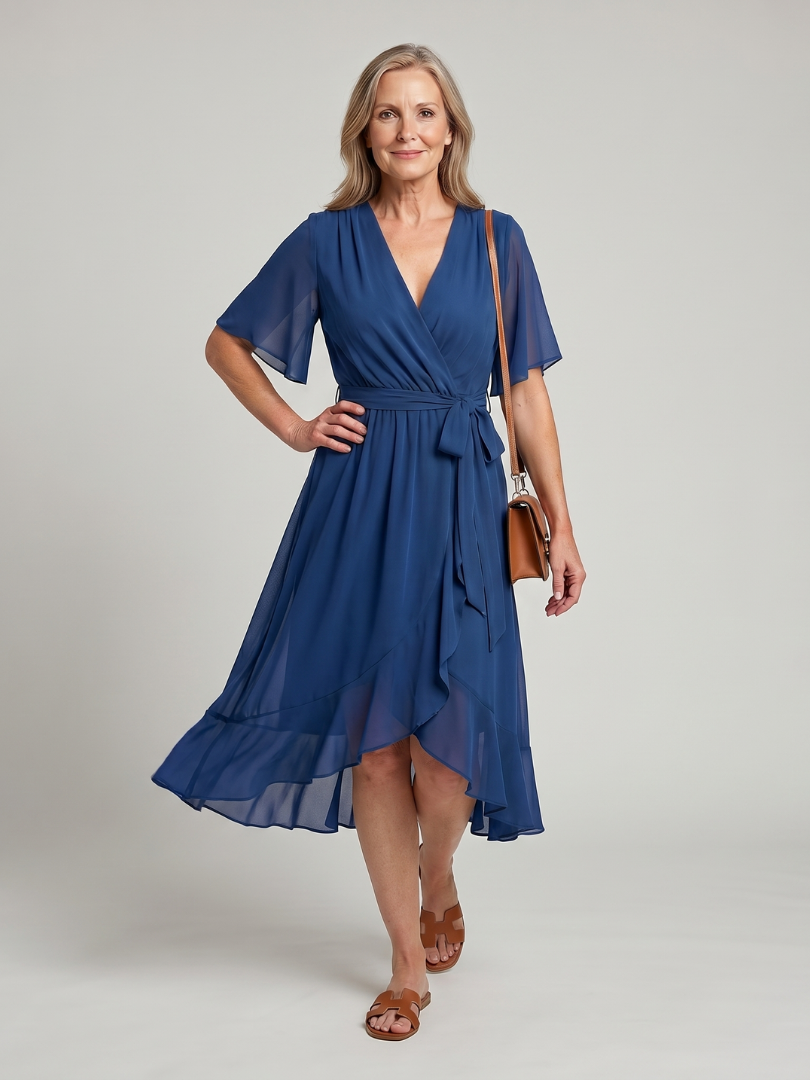 Keziah - Midi-Kleid mit kurzen Ärmeln und fliessendem Saum