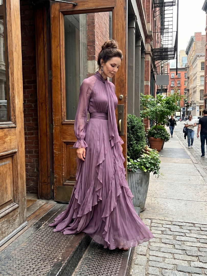 Demetria - Maxikleid mit Rüschendetails und gebundenem Kragen