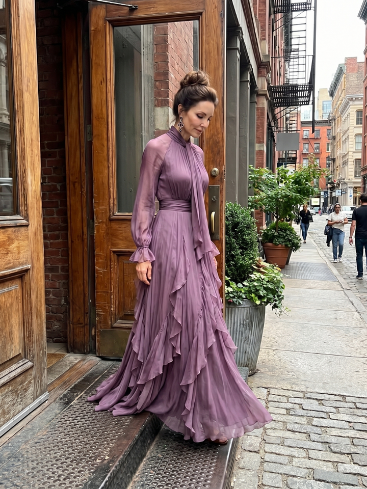 Demetria - Maxikleid mit Rüschendetails und gebundenem Kragen