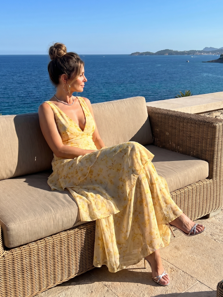 Gala - Tiefer V-Ausschnitt Ärmelloses Midi-Kleid mit malerischem