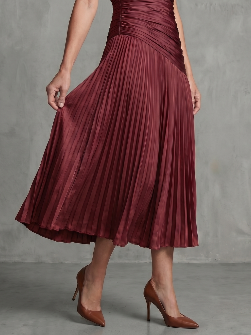 Theodora - Plissierter Taillenstreifen Midi-Kleid