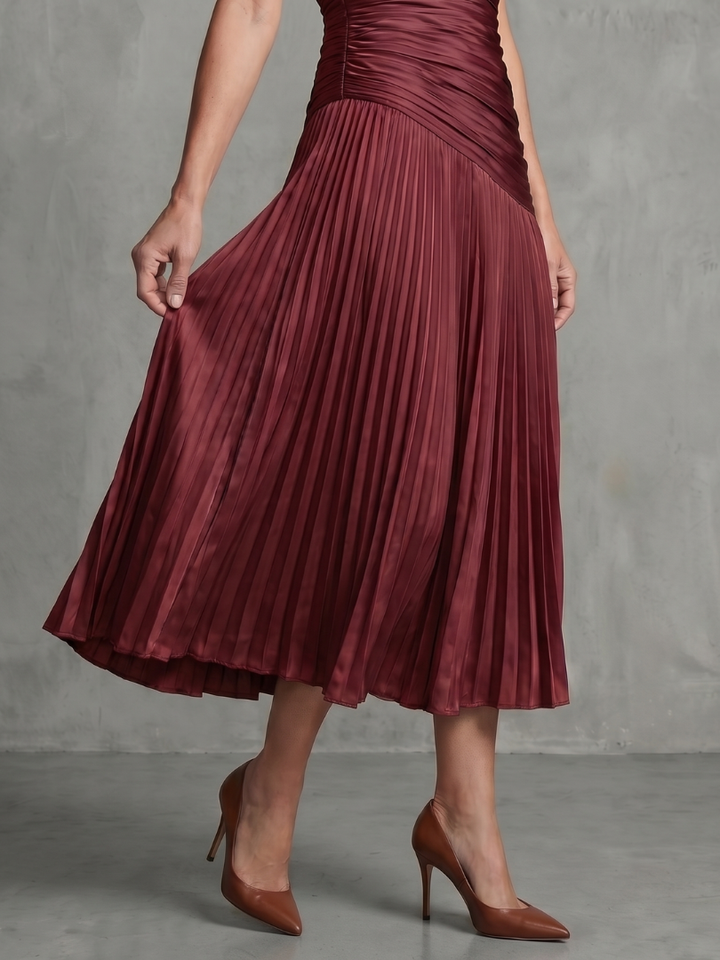 Theodora - Plissierter Taillenstreifen Midi-Kleid