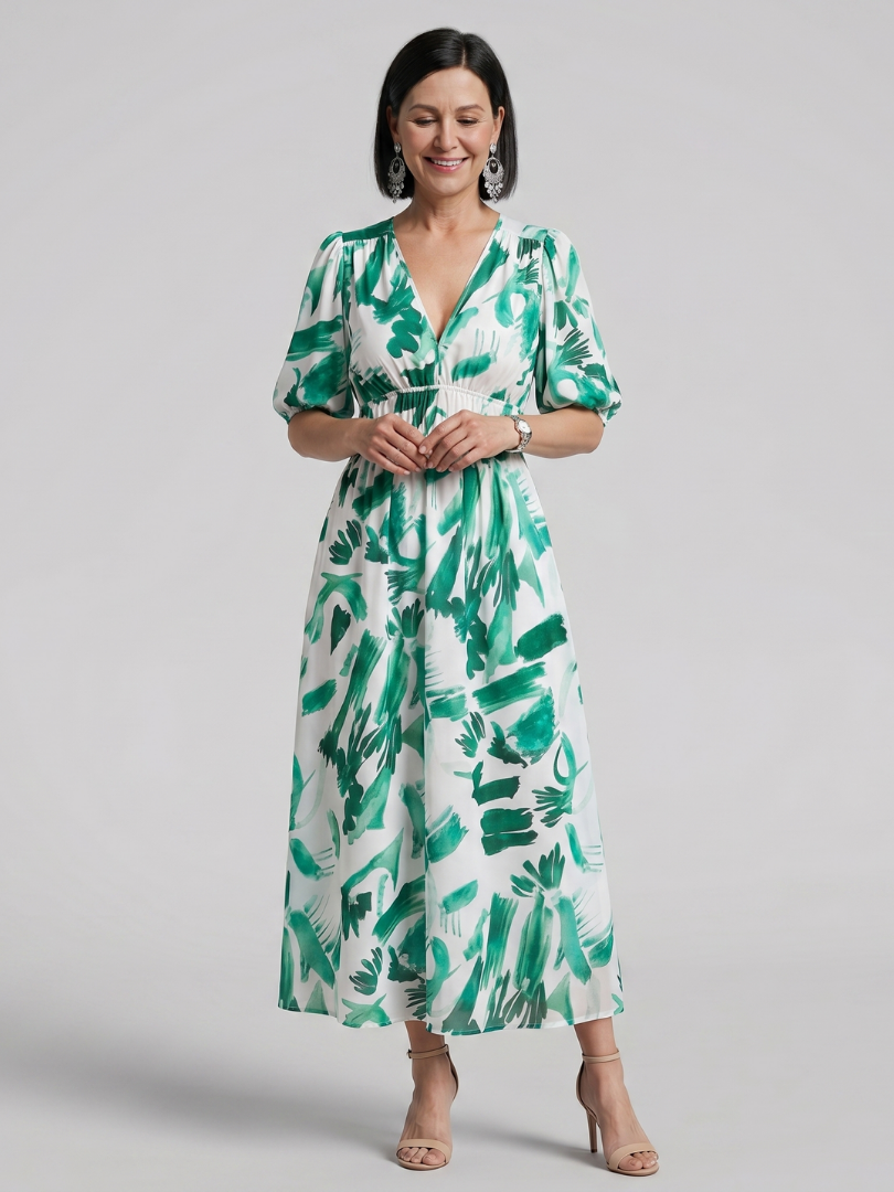 Candlia - Puffärmel V-Ausschnitt Midi Kleid mit abstraktem Druck