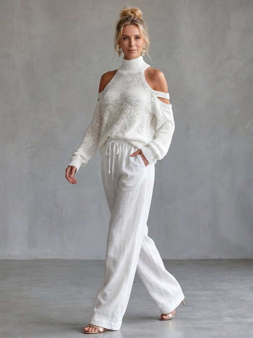 Questa - Offene Schulter Stricktop und Weite Hose Set