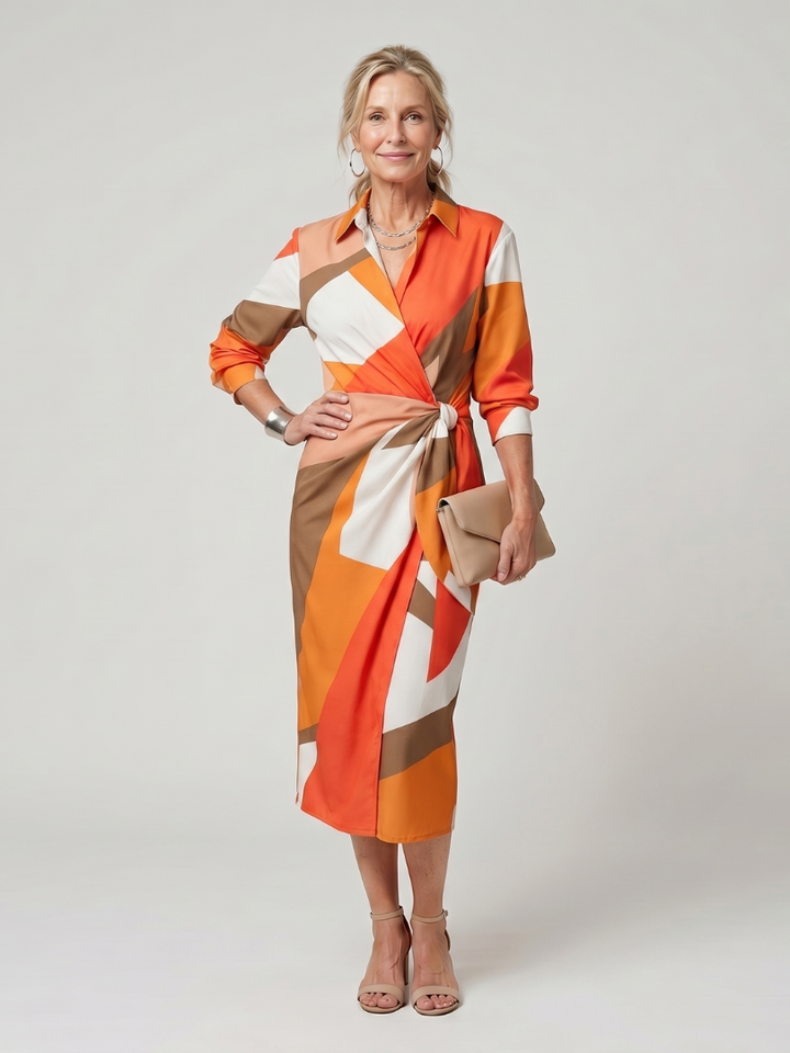 Leya - Midi-Kleid mit langen Ärmeln und Kragen im Streifenmuster