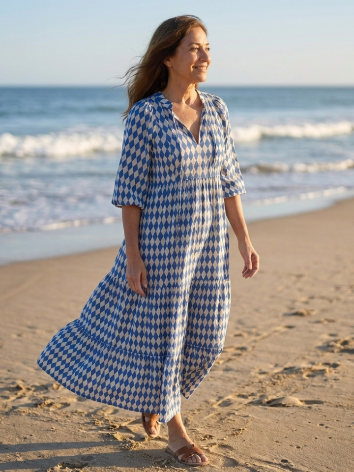 Elodie - Diamantmuster gestuftes Midi-Kleid
