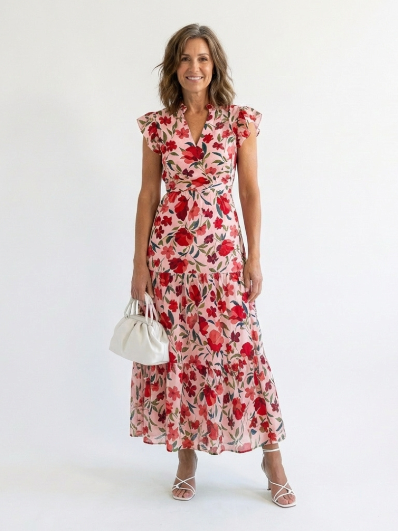 Lila - Floral V-Ausschnitt Schichten Midi Kleid