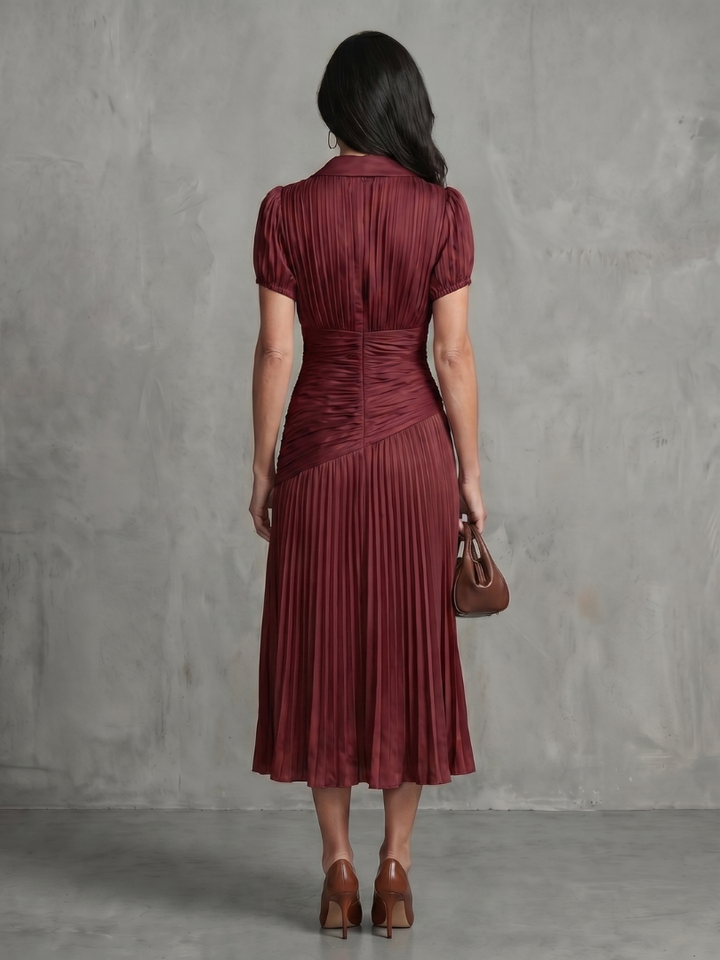 Theodora - Plissierter Taillenstreifen Midi-Kleid