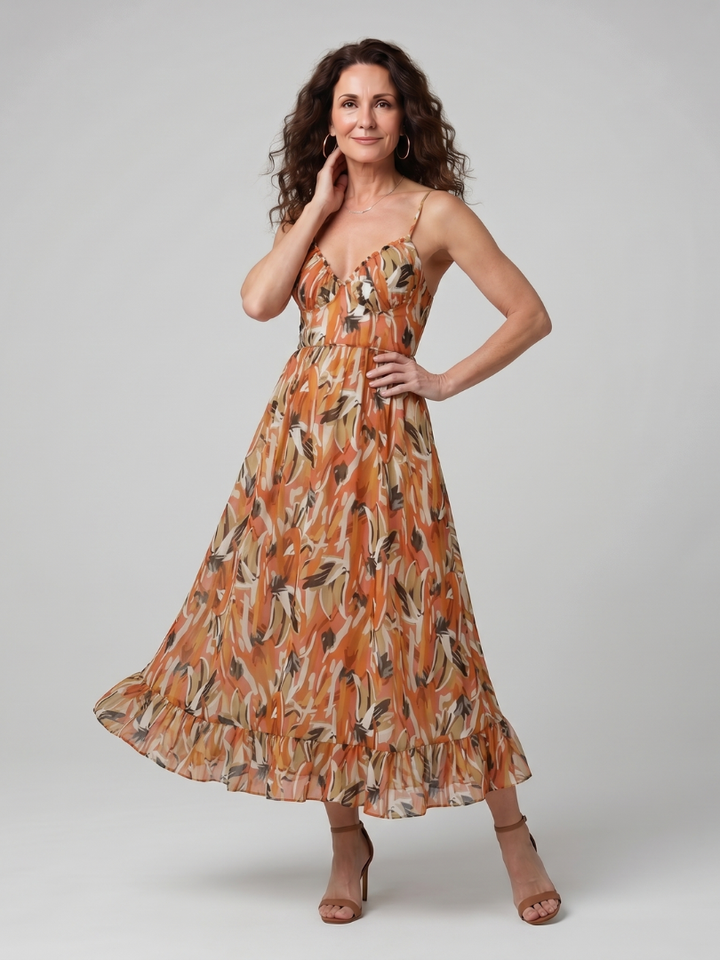 Quill - Spaghetti-Träger Midi-Kleid mit abstraktem Druck