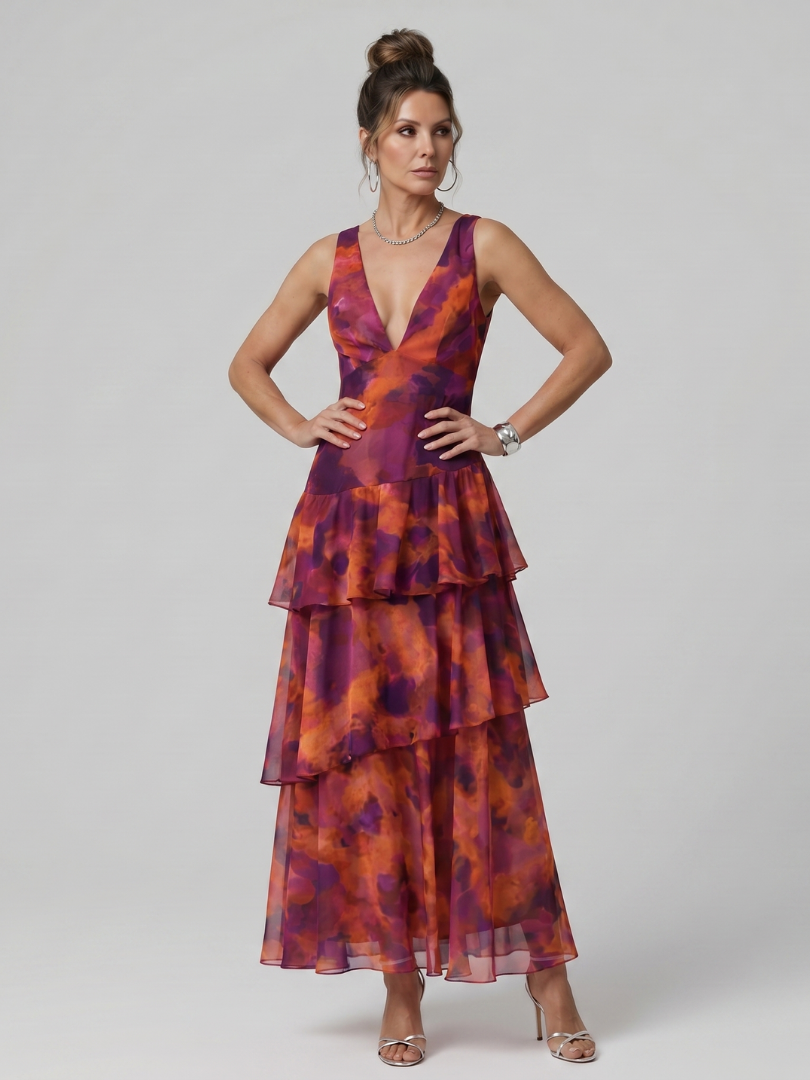 Gala - Tiefer V-Ausschnitt Ärmelloses Midi-Kleid mit malerischem