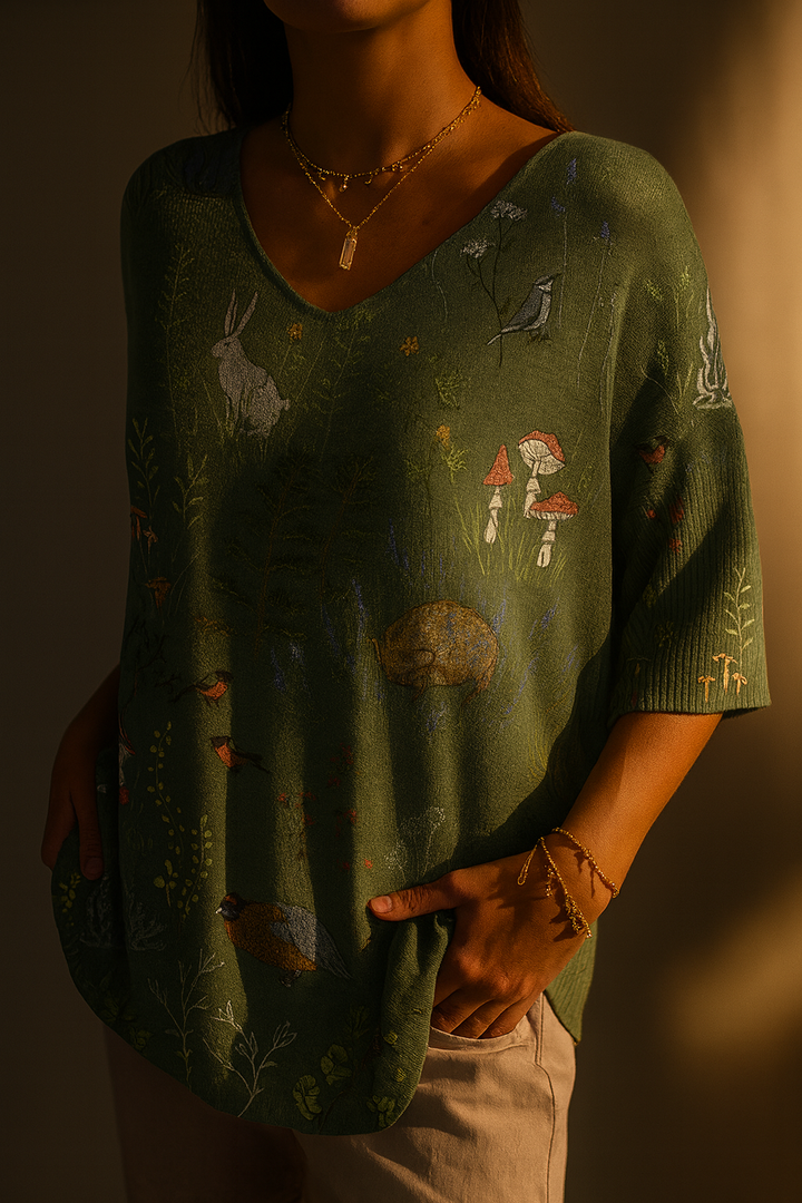 Margaret - Bedruckter Pullover mit Wald- und Tiermotiv für Damen