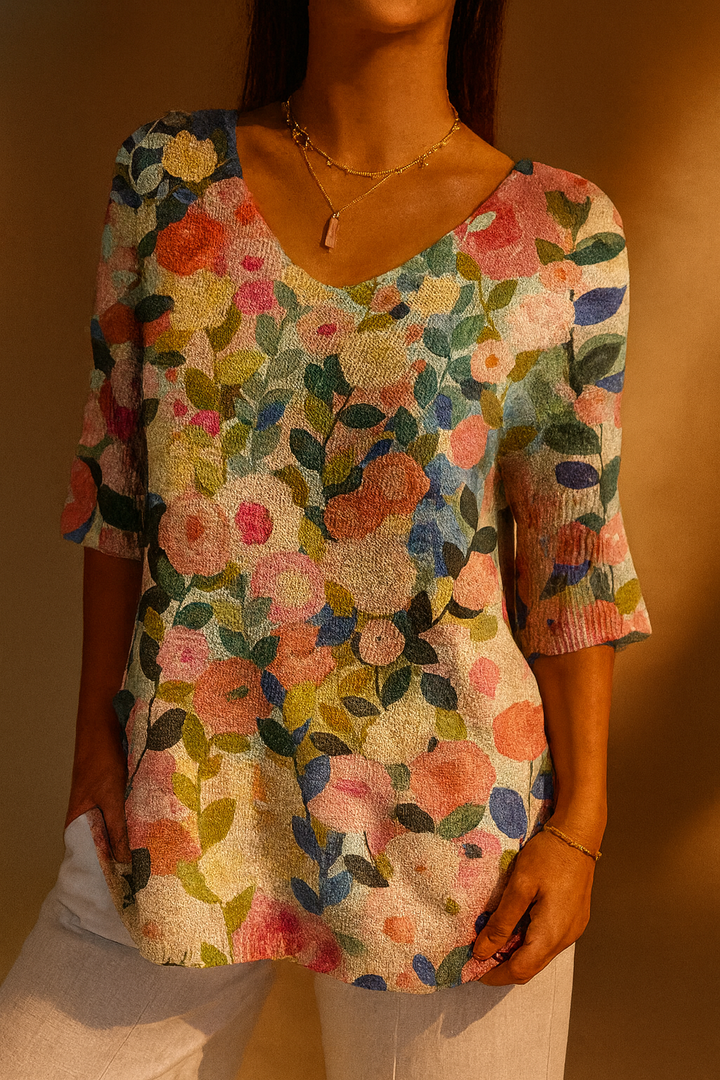 Lynn - Buntes Frühlingsblumen-Garten-Druck Damen Pullover Strick