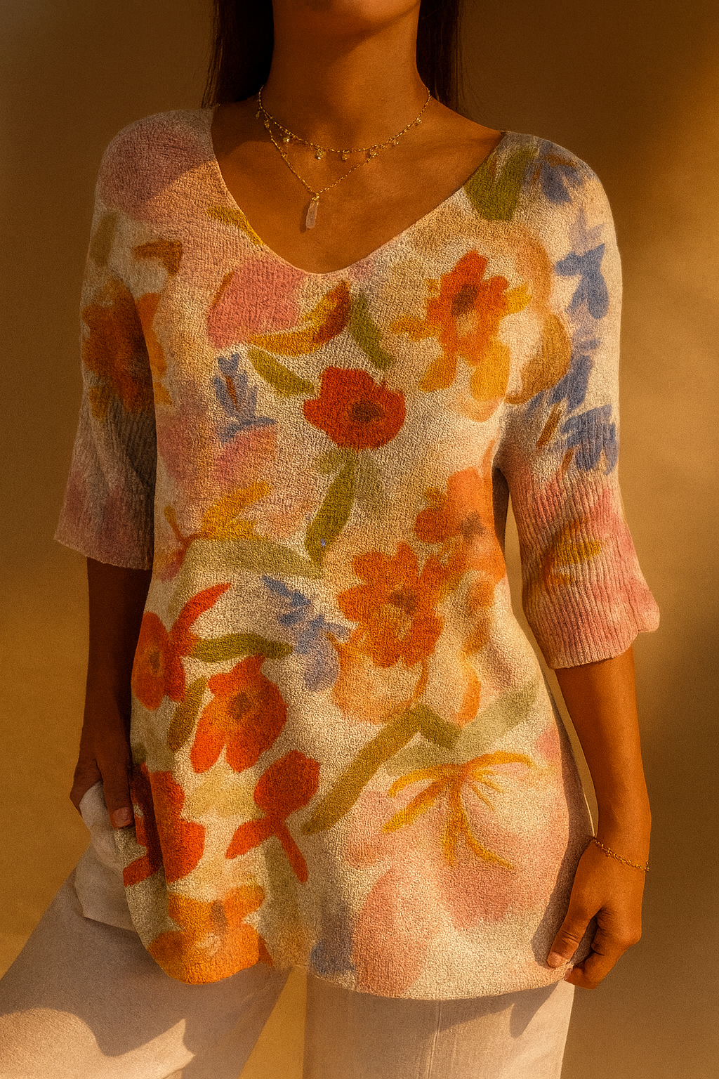 Violett - Damen Vintage Kunst Floral Lässiger Pullover Strick
