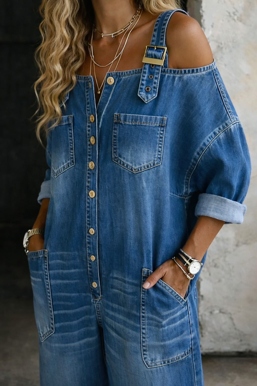 Sophia - Schulterfreier Denim-Jumpsuit