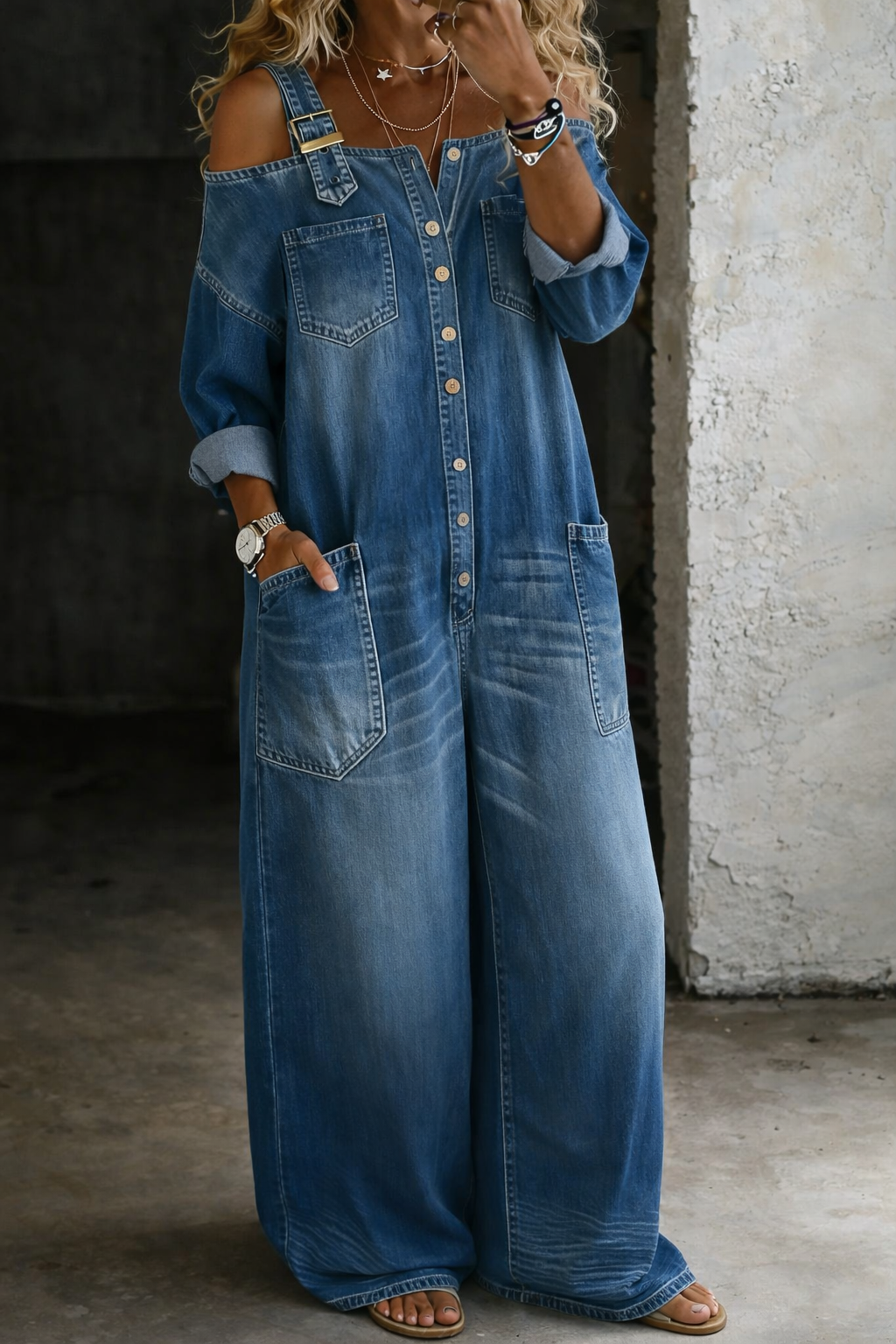 Sophia - Schulterfreier Denim-Jumpsuit
