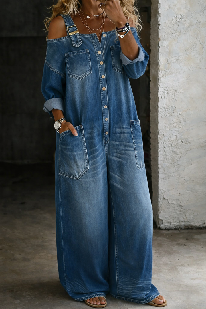 Sophia - Schulterfreier Denim-Jumpsuit