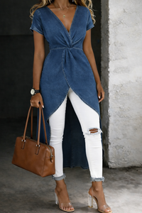 Jessica - V-Ausschnitt Wickel Denim Tunika Oberteil