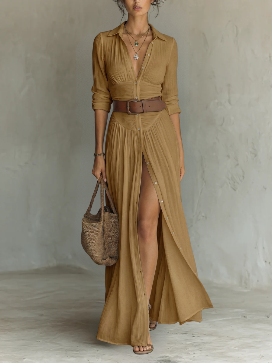 Wendy - Langes Maxi-Leinenkleid mit eingekerbtem Kragen und langen