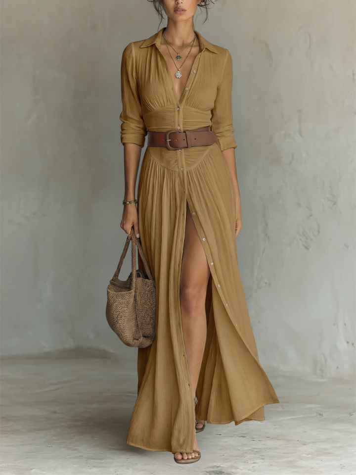 Wendy - Langes Maxi-Leinenkleid mit eingekerbtem Kragen und langen