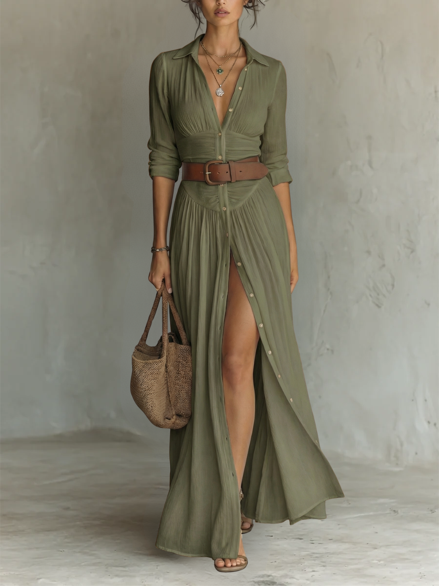 Wendy - Langes Maxi-Leinenkleid mit eingekerbtem Kragen und langen