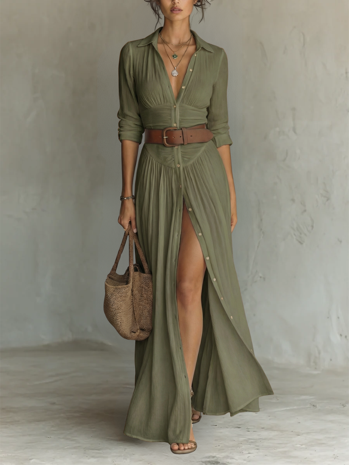 Wendy - Langes Maxi-Leinenkleid mit eingekerbtem Kragen und langen
