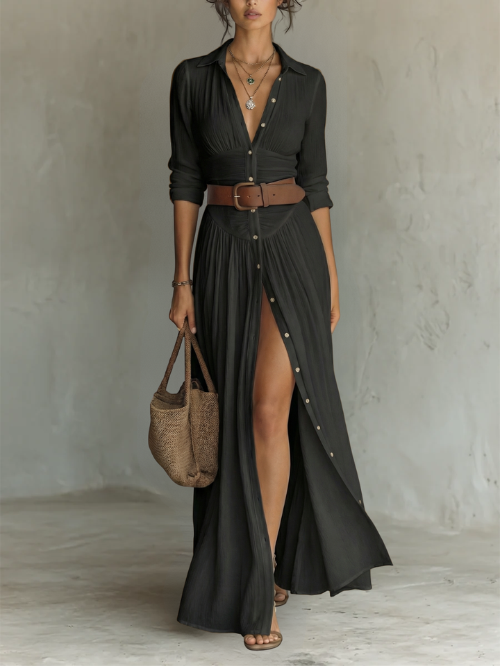 Wendy - Langes Maxi-Leinenkleid mit eingekerbtem Kragen und langen