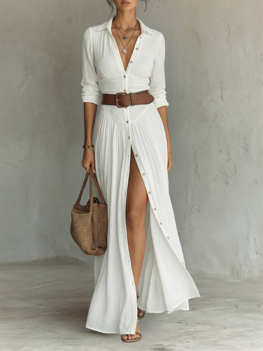 Wendy - Langes Maxi-Leinenkleid mit eingekerbtem Kragen und langen