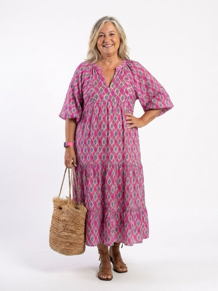 Apolline - Midi-Kleid mit V-Ausschnitt und dreiviertel Ärmeln