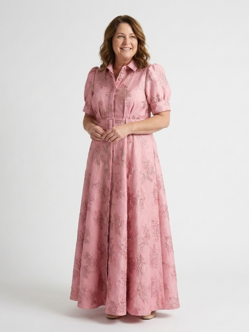 Xanthea - Kurzärmliges, tailliertes, floral strukturiertes Maxikleid