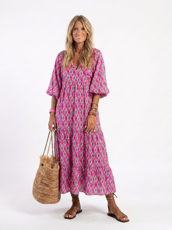Apolline - Midi-Kleid mit V-Ausschnitt und dreiviertel Ärmeln