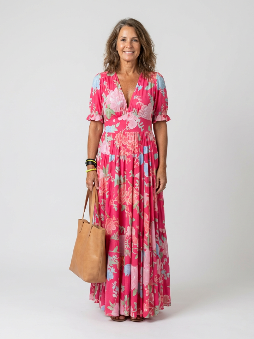Ione - Kurzarm V-Ausschnitt Blumenkleid Midi