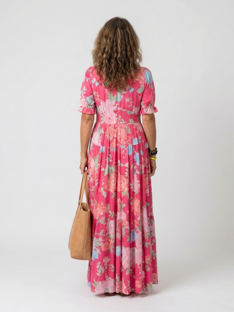 Ione - Kurzarm V-Ausschnitt Blumenkleid Midi